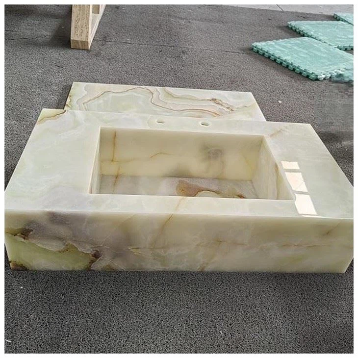 Natural Light Green Onyx Integrated Rectangular Vanity Wash Basins