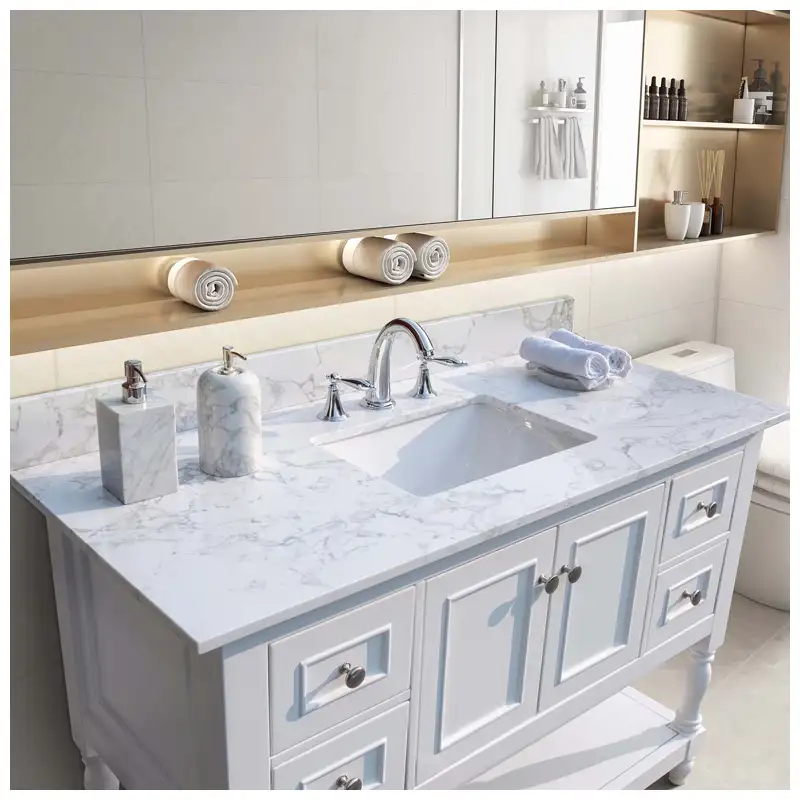 White Quartz Vanity Tops with Cabinet Designs from KA UNITED White Quartz Vanity Tops with Cabinet Designs from KA UNITED